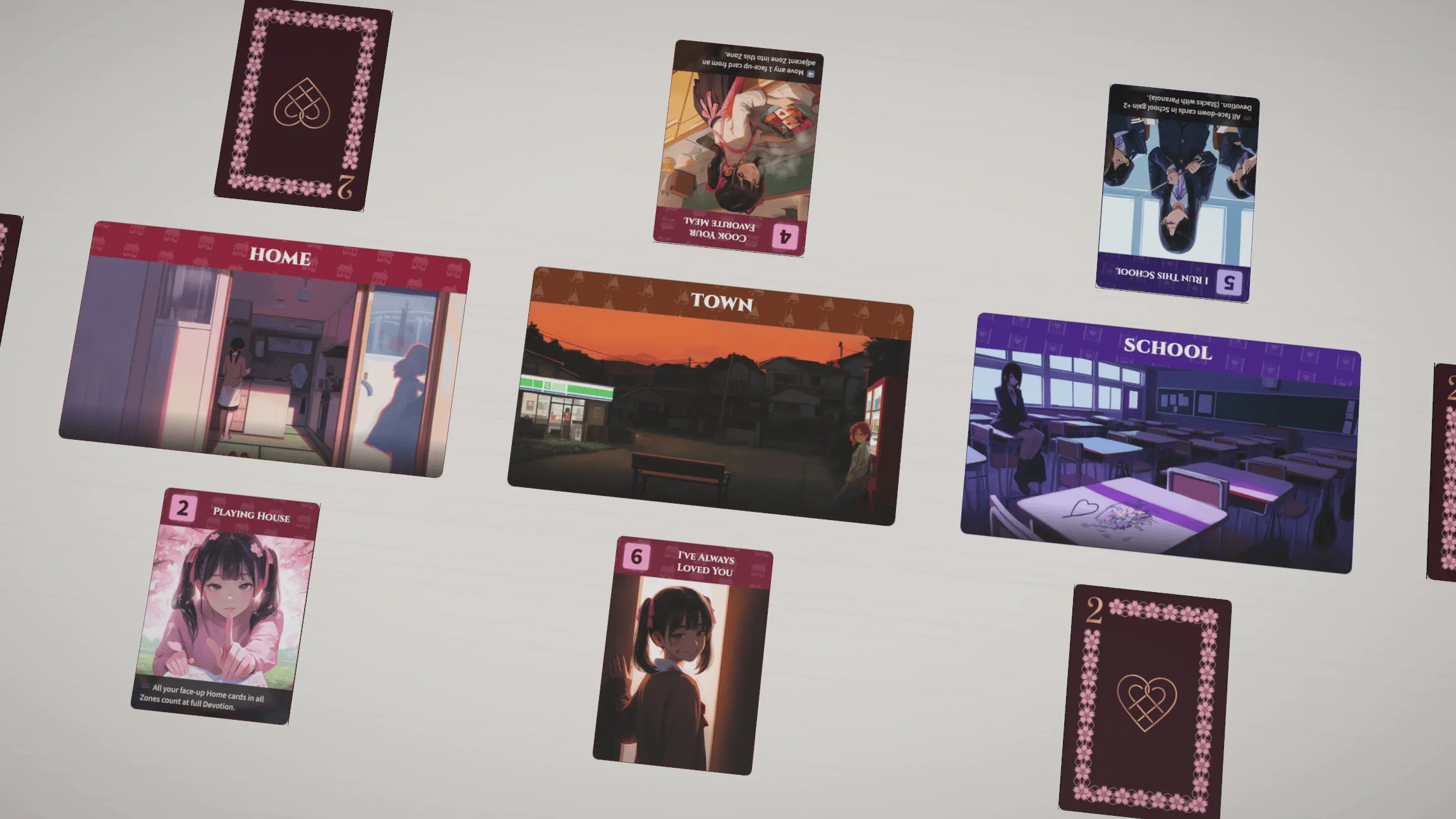 Simple Mode mid-game — cards played face-up and face-down across Home, Town, and School zones