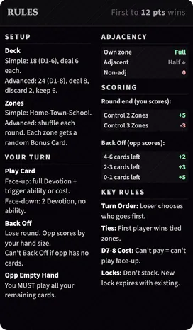 Rules summary quick-reference card with turn order and scoring